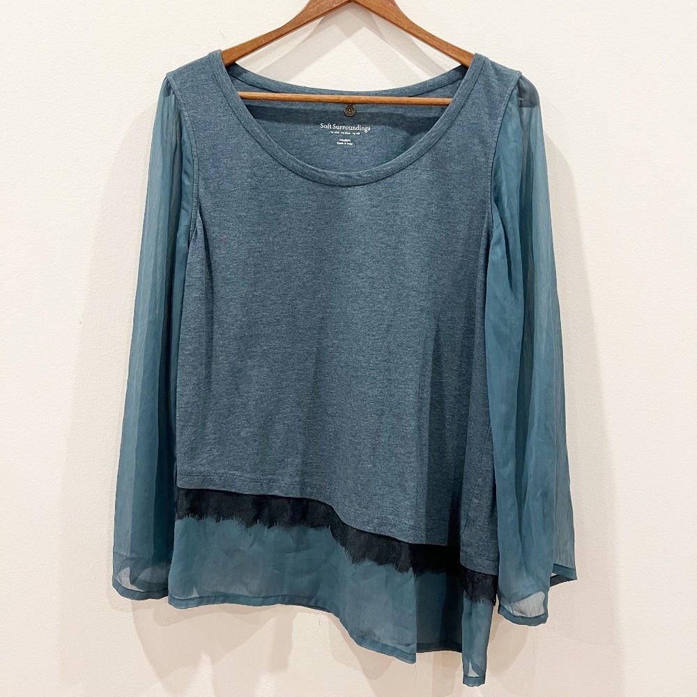 Soft Surroundings Asymmetrical Hem Chiffon Lace Detail Long Sleeve Top Womens M